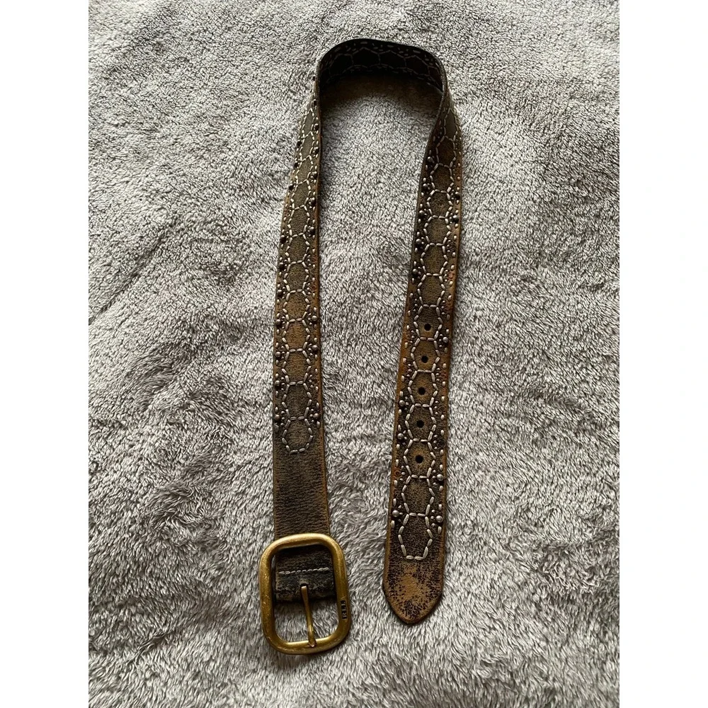 RLL Distressed Leather Studded Belt Ralph Lauren Vintage Brass Buckle Y2K